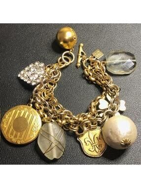 B1904 John Wind Charm Bracelet Gold Tone Multi Strand Locket Rhinestone
